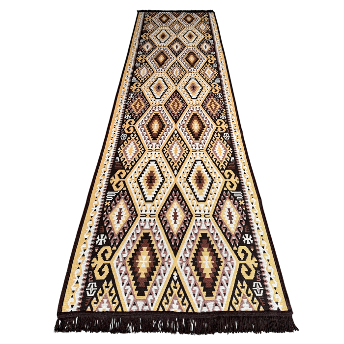 Traversă hol țesută tradițional, 80x300 cm, 2 fețe, geometric, maro cu bej [4]