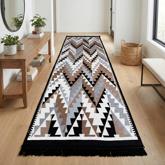 Traversă hol țesută tradițional, 80x300 cm, 2 fețe, geometric, negru [2]