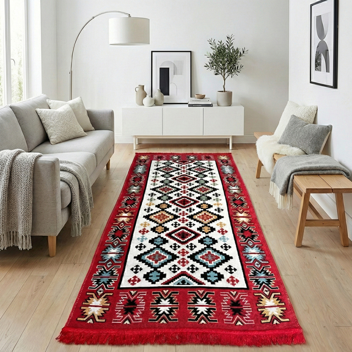 Traversă hol țesută tradițional, 80x300 cm, 2 fețe, geometric, roșu [2]