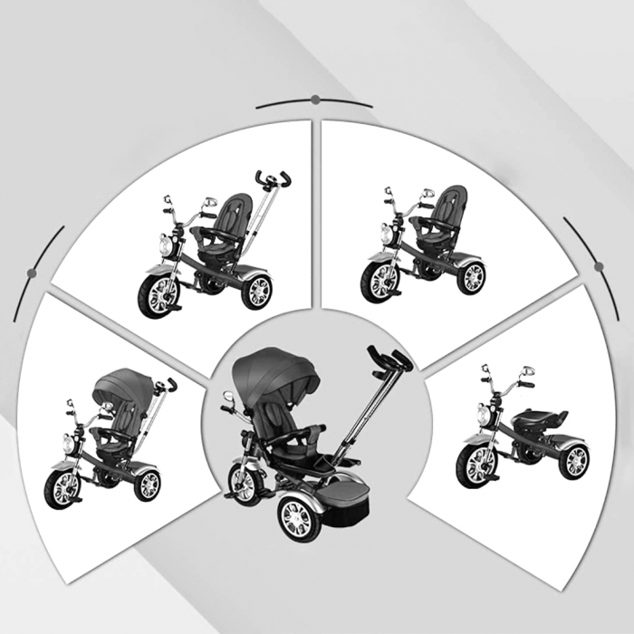 Tricicletă cu scaun rotativ, poziție de somn, pliabilă, far luminos, muzică, gri, BTR10 [8]