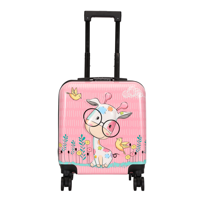 Troler copii 43x35x23 cm, 4 roți, ABS + Policarbonat, model Girafă 3D roz [2]