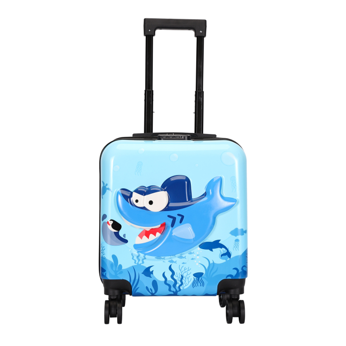 Troler copii 43x35x23 cm, 4 roți, ABS + Policarbonat, model Rechin 3D albastru [2]