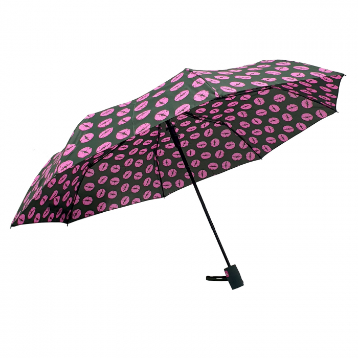 Umbrelă pliabilă deschidere automată, antivânt, 100 cm, în husă, negru cu roz [3]