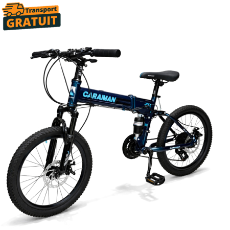 Biciclete - Bicicletă Caraiman, pliabilă, roți 20 inch, cu dublă suspensie, frâne pe disc, albastră