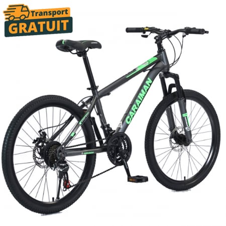 Biciclete - Bicicletă Caraiman, roți 24 sau 26 inch, cadru oțel, frâne pe disc, negru cu verde, BC34