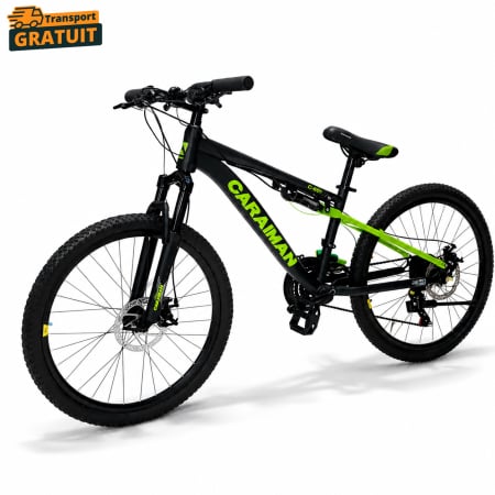 Biciclete - Bicicletă Caraiman, roți 24 sau 26 inch, cu dublă suspensie, frâne pe disc, negru cu verde