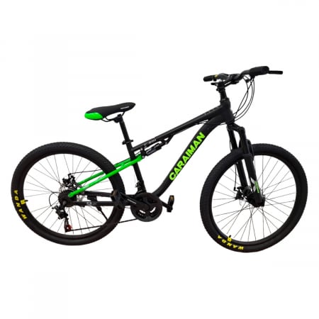 Biciclete - Bicicletă Caraiman, roți 24 sau 26 inch, cu dublă suspensie, frâne pe disc, negru cu verde, BC78