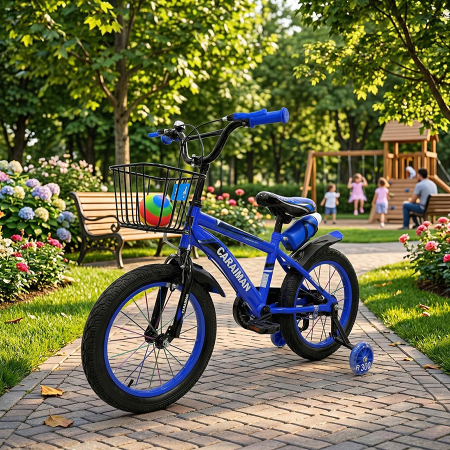 Biciclete - Bicicletă copii albastru 12 / 14 inch, cu roți ajutătoare, coș față, bidon apă, Caraiman