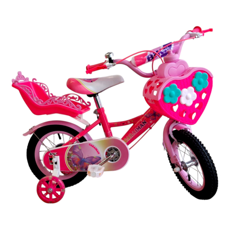 Biciclete - Bicicletă copii Caraiman 12 / 14 / 16 inch, cu roți ajutătoare, coș și scăunel, roz