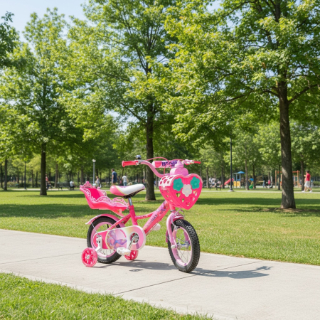 Biciclete - Bicicletă copii Caraiman 12 / 14 / 16 inch, cu roți ajutătoare, coș și scăunel, roz