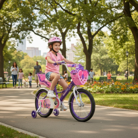 Bicicletă copii mov Caraiman 12 / 14 / 16 inch, cu roți ajutătoare, coș și scăunel păpușă [6]
