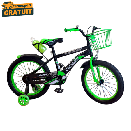Biciclete - Bicicletă copii Caraiman 16 / 18 inch, roți ajutătoare, coș față și bidon apă, verde