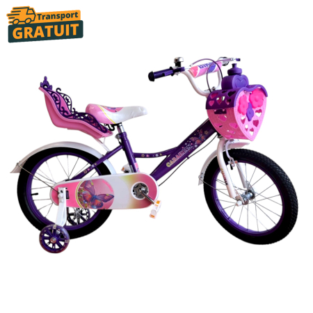 Biciclete - Bicicletă copii mov Caraiman 12 / 14 / 16 inch, cu roți ajutătoare, coș și scăunel păpușă