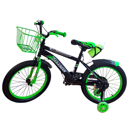 Biciclete - Bicicletă copii Caraiman 16 / 18 inch, roți ajutătoare, coș față și bidon apă, verde