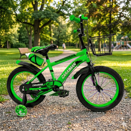 Biciclete - Bicicletă copii verde 12 / 14 inch, cu roți ajutătoare, coș față, bidon apă, Caraiman