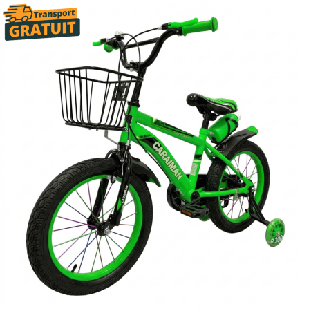 Biciclete - Bicicletă copii verde 12 / 14 inch, cu roți ajutătoare, coș față, bidon apă, Caraiman