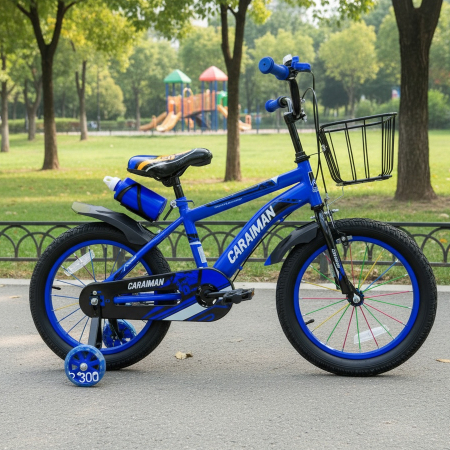 Biciclete - Bicicletă copii albastru 12 / 14 inch, cu roți ajutătoare, coș față, bidon apă, Caraiman