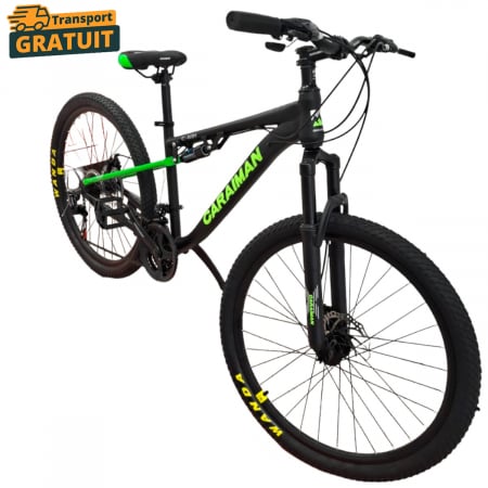 Biciclete - Bicicletă Caraiman, roți 24 sau 26 inch, cu dublă suspensie, frâne pe disc, negru cu verde, BC78