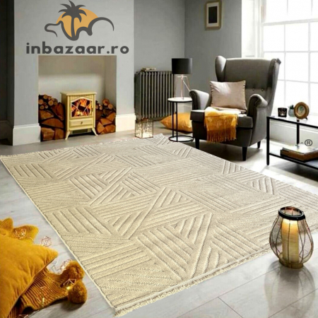 Covoare tradiționale - Covor 3D în relief geometric 692B diverse mărimi Crem
