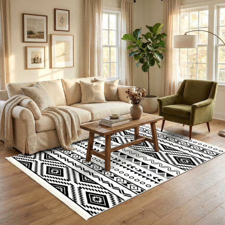 Covoare antiderapante - Covor cameră antiderapant, etnic alb-negru, Model Tribal