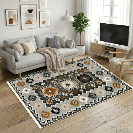 Covoare antiderapante - Covor cameră antiderapant, etnic gri, model Atlas