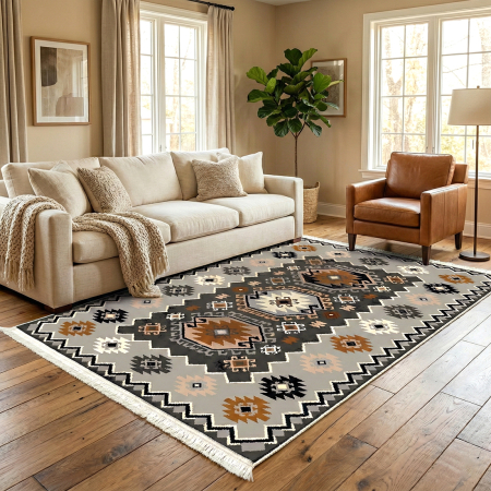 Covoare antiderapante - Covor cameră antiderapant, etnic gri, model Atlas