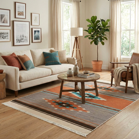 Covoare antiderapante - Covor cameră antiderapant, etnic maro teracotă, Model Navajo