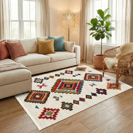 Covoare antiderapante - Covor cameră antiderapant, etnic multicolor, Model Aztec