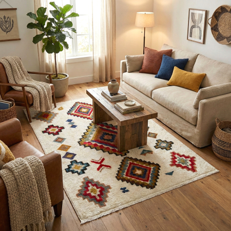 Covoare antiderapante - Covor cameră antiderapant, etnic multicolor, Model Aztec