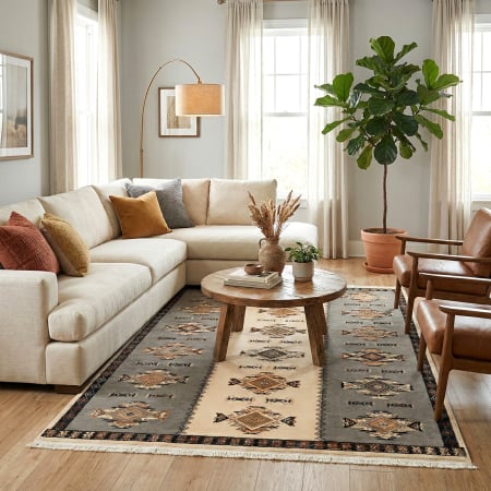 Covoare antiderapante - Covor cameră antiderapant, gri-bej, Model Etnic