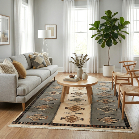 Covoare antiderapante - Covor cameră antiderapant, gri-bej, Model Etnic