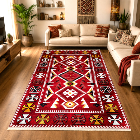 Covor cameră antiderapant, Model Boho Etnic, Roșu, 80x200 cm, CCA2312 [0]