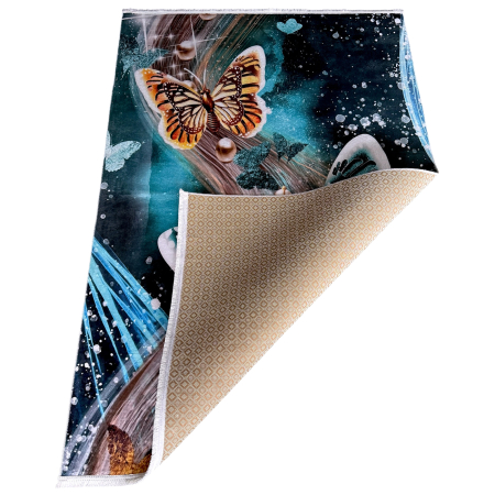 Covoare antiderapante - Covor cameră antiderapant, Model Fluturi Turcoaz, mai multe dimensiuni