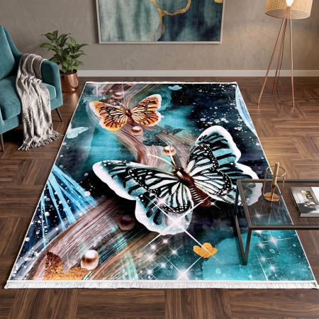 Covoare antiderapante - Covor cameră antiderapant, Model Fluturi Turcoaz, mai multe dimensiuni