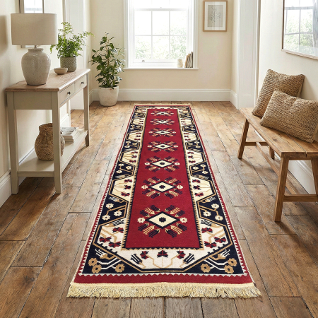 Covoare tradiționale - Traversă hol țesută tradițional, 80x300 cm, 2 fețe, model etnic, roșu