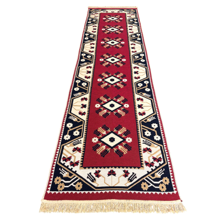 Covoare tradiționale - Traversă hol țesută tradițional, 80x300 cm, 2 fețe, model etnic, roșu