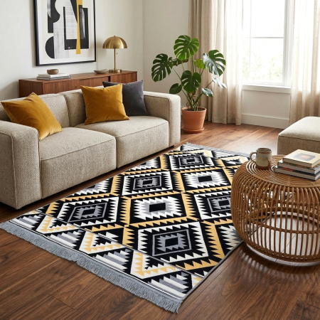 Covoare tradiționale - Covor Țesut Tradițional, 2 fețe, Model Boho Etnic Ocru, diverse dimensiuni