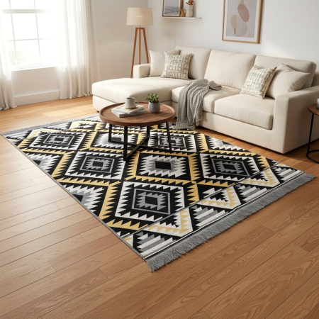 Covoare tradiționale - Covor Țesut Tradițional, 2 fețe, Model Boho Etnic Ocru, diverse dimensiuni