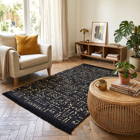 Covoare tradiționale - Covor Țesut Tradițional, 2 fețe, Model Tribal Etnic Negru-Bej, diverse dimensiuni