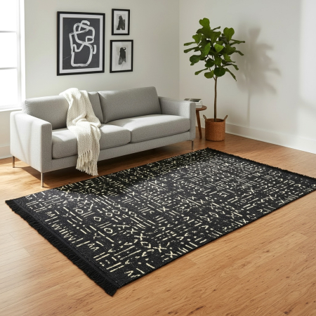 Covoare tradiționale - Covor Țesut Tradițional, 2 fețe, Model Tribal Etnic Negru-Bej, diverse dimensiuni