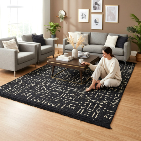 Covoare tradiționale - Covor Țesut Tradițional, 2 fețe, Model Tribal Etnic Negru-Bej, diverse dimensiuni