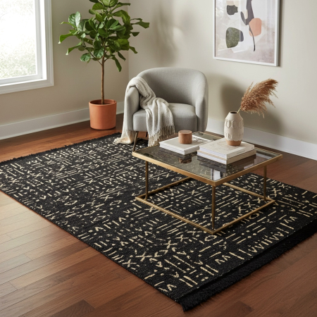 Covor Țesut Tradițional, 2 fețe, Model Tribal Etnic Negru-Bej, diverse dimensiuni [8]