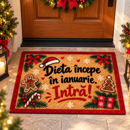 Covoare intrare - Covoraș de intrare, antiderapant, model Crăciun, Dieta în ianuarie, 50x70 cm, CIN111