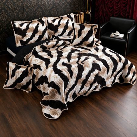 Dormitor - Cuvertură bumbac, 5 piese, pat 2 persoane, 230x250 cm, CB398, model animal print bej-negru