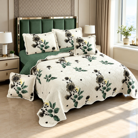 Cuvertură de pat bumbac, 5 piese, model floral crem cu verde, 230x250 cm, CB547 [0]