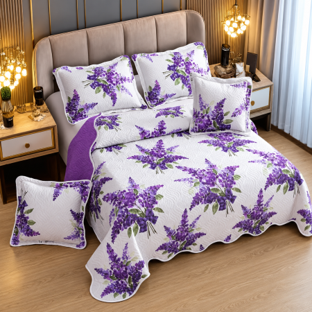 Cuverturi - Cuvertură bumbac, 5 piese,  model cu lavandă, 230x250 cm, CB428