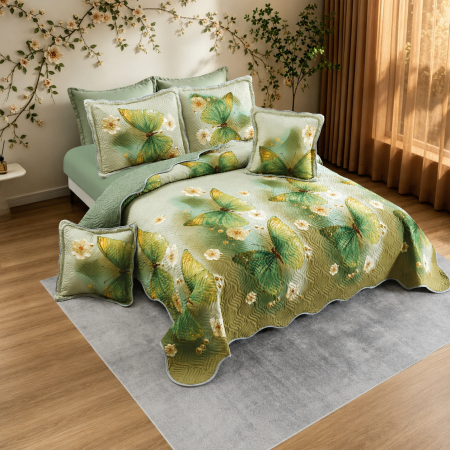 Cuverturi - Cuvertură bumbac, 5 piese, pat 2 persoane, 230x250 cm, CB542, model fluturi