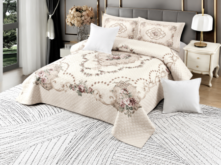 Cuverturi - Cuvertură catifea matlasată, crem cu model floral, 5 piese, 230 x 250 cm