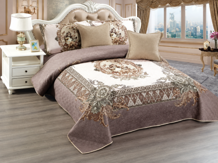 Cuverturi - Cuvertură catifea matlasată, model ornamental bej-maro, 5 piese, 230 x 250 cm