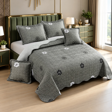 Cuverturi - Cuvertură de pat bumbac, 5 piese, model trandafiri gri antracit, 230x250 cm, CB557